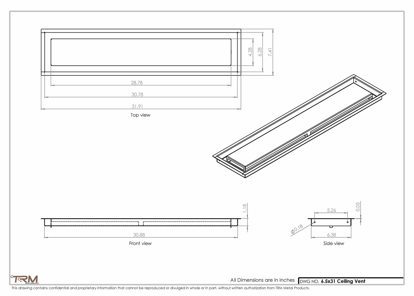 6.5x31 - Modern-Ceiling-Vent Cover-TRM Metal -  31x6.5
