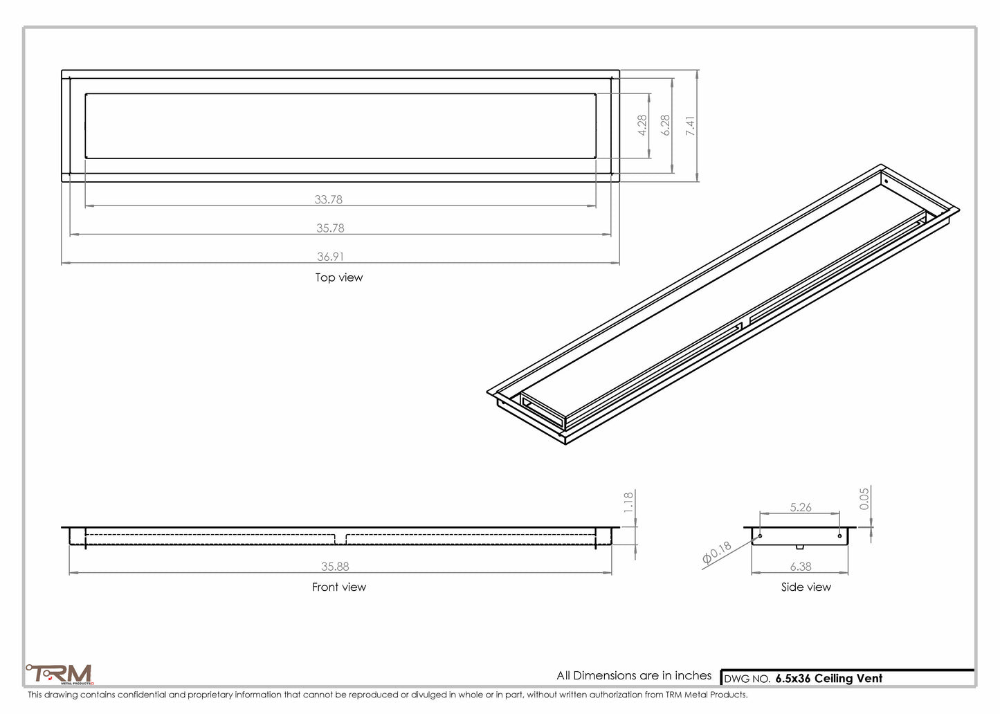 6.5x36 - Modern-Ceiling-Vent Cover-TRM Metal -  36x6.5