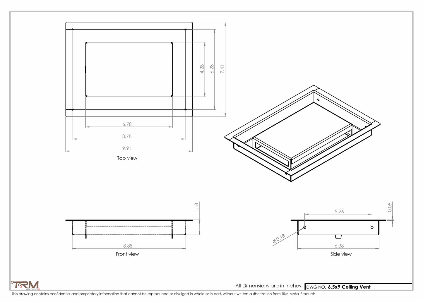 6.5x9 - Modern-Ceiling-Vent Cover-TRM Metal -  9x6.5