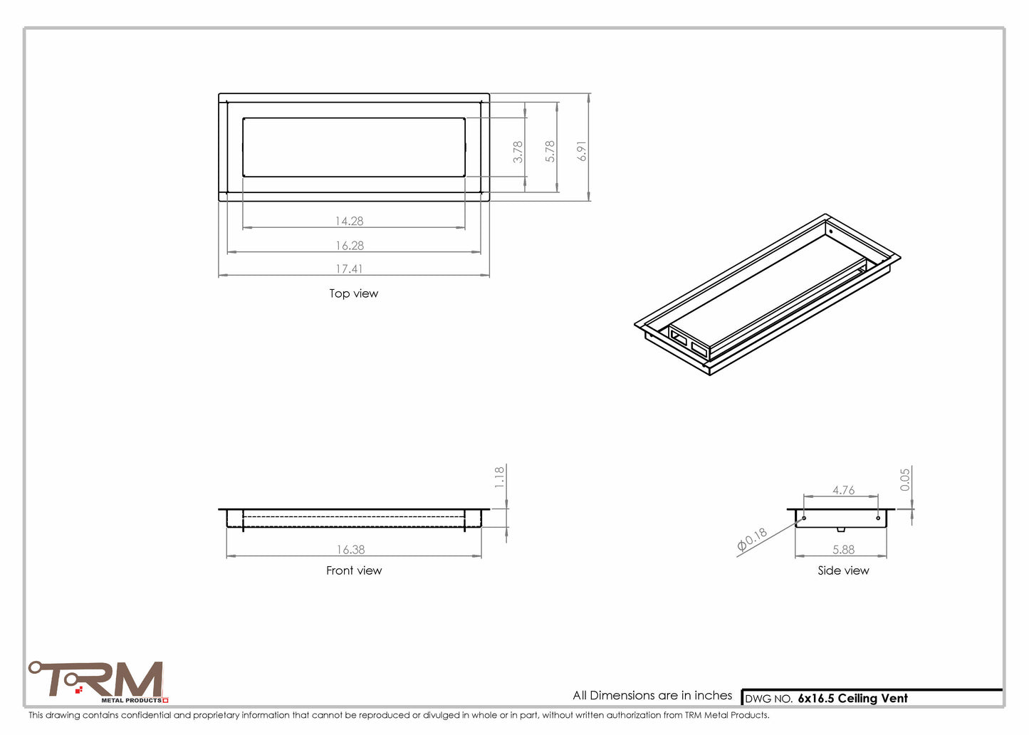 6x16.5 - Modern-Ceiling-Vent Cover-TRM Metal -  16.5x6