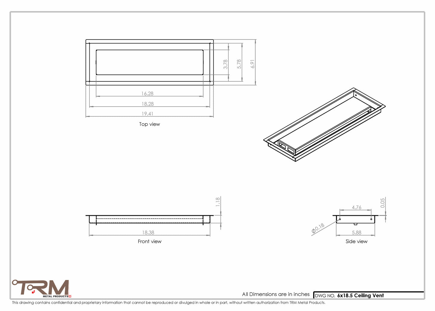 6x18.5 - Modern-Ceiling-Vent Cover-TRM Metal -  18.5x6