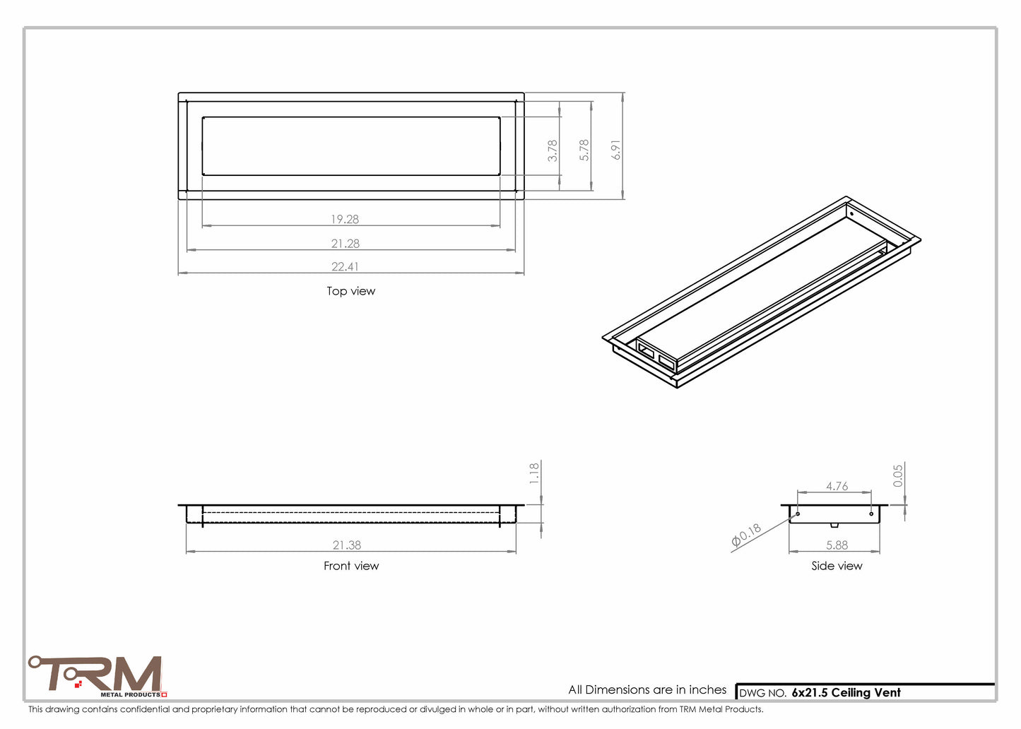 6x21.5 - Modern-Ceiling-Vent Cover-TRM Metal -  21.5x6