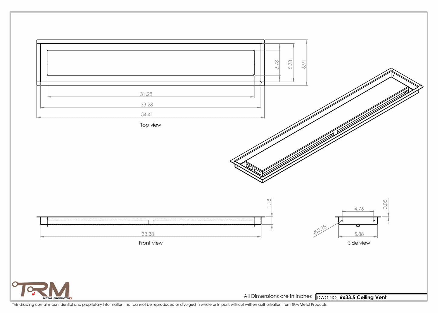 6x33.5 - Modern-Ceiling-Vent Cover-TRM Metal -  33.5x6