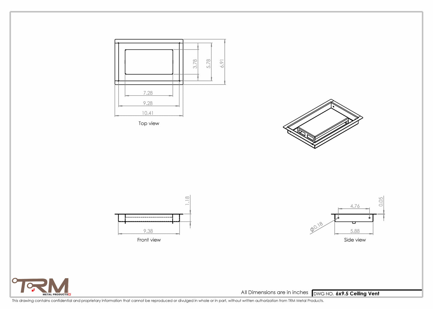 6x9.5 - Modern-Ceiling-Vent Cover-TRM Metal -  9.5x6