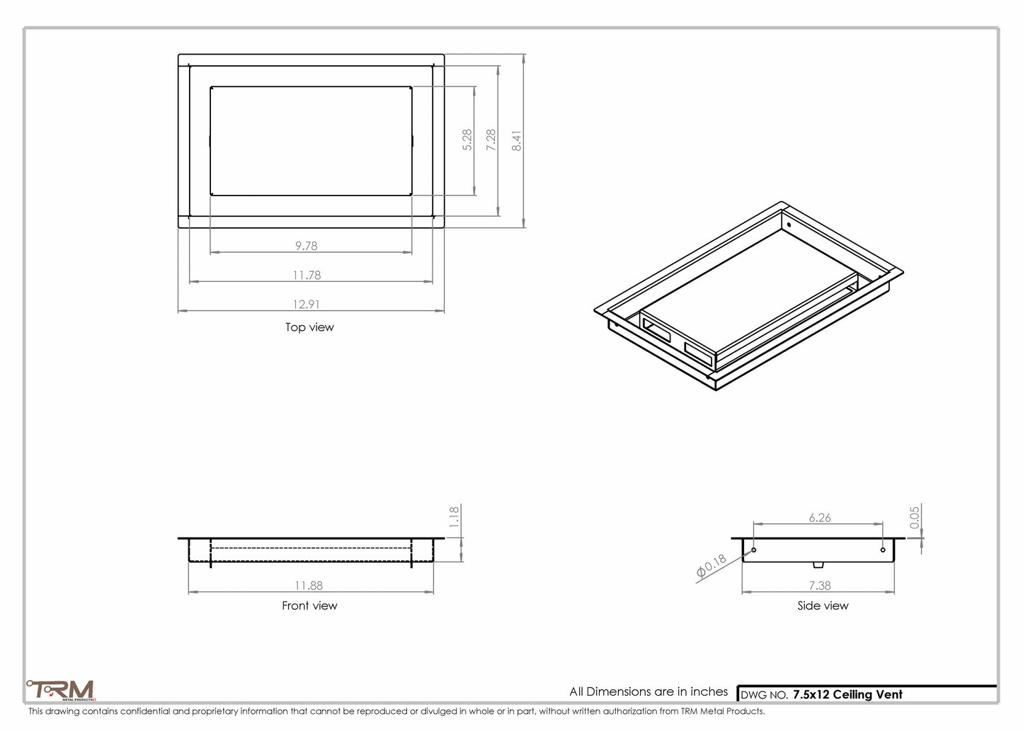 7.5x12 - Modern-Ceiling-Vent Cover-TRM Metal -  12x7.5