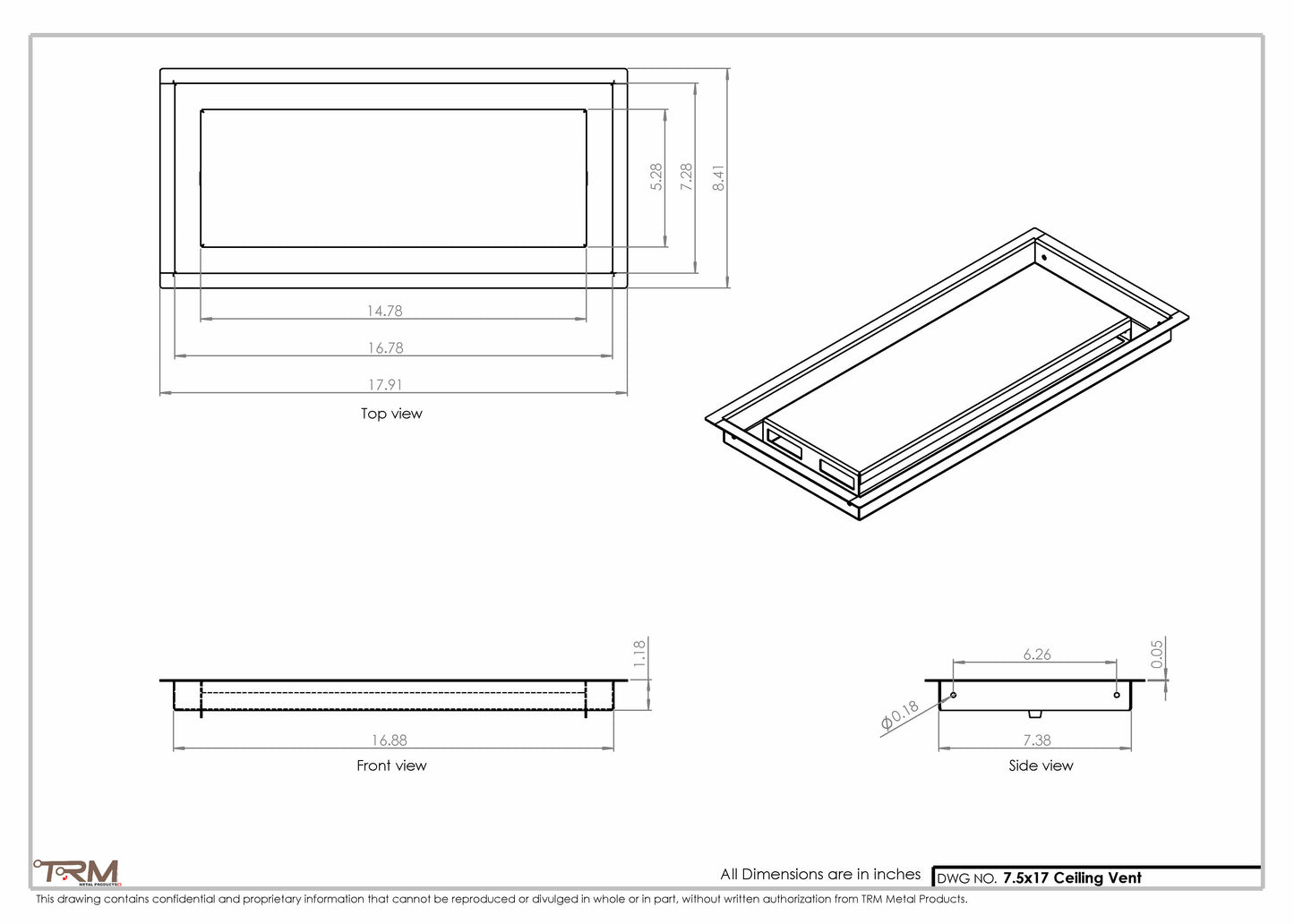 7.5x17 - Modern-Ceiling-Vent Cover-TRM Metal -  17x7.5