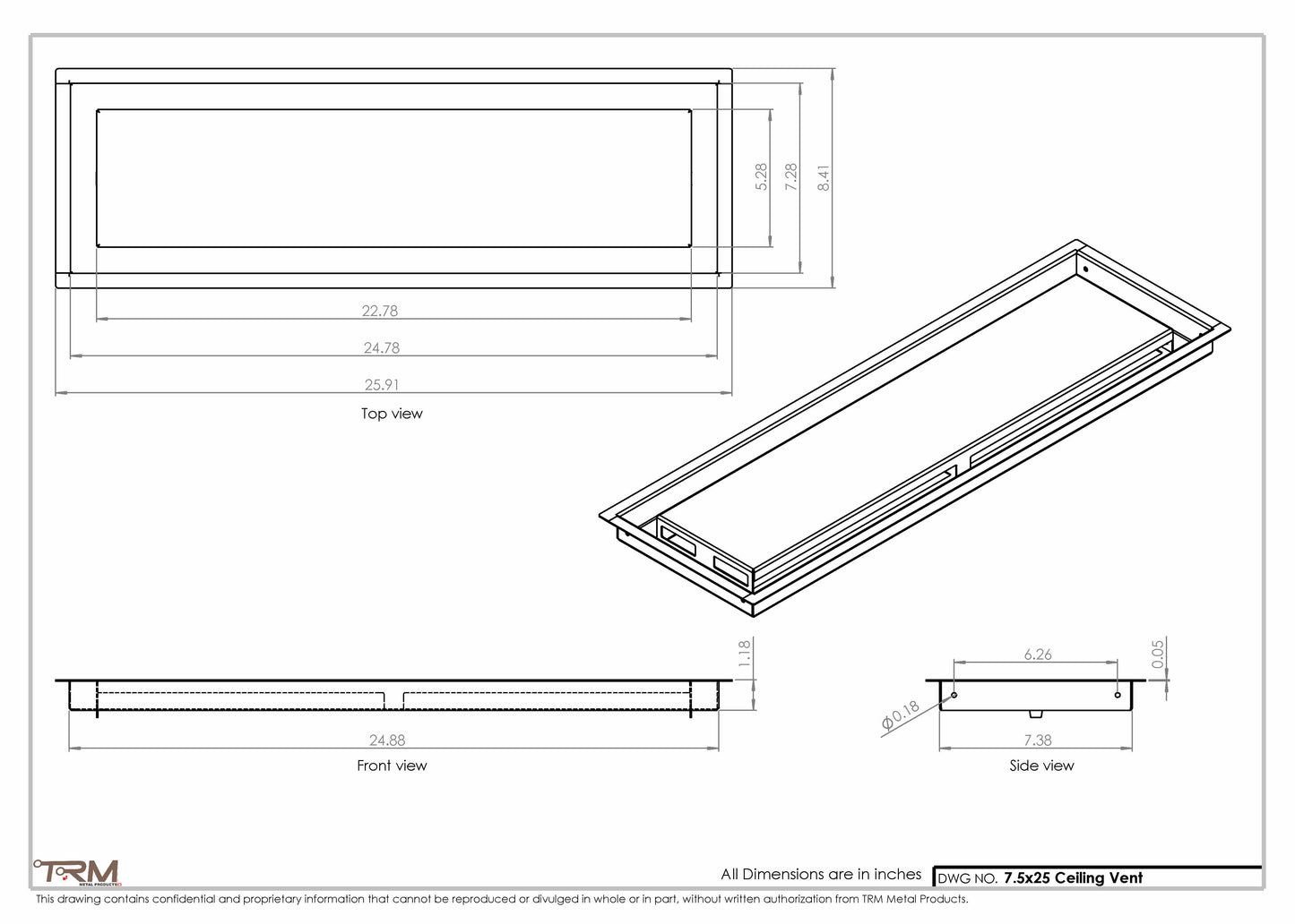 7.5x25 - Modern-Ceiling-Vent Cover-TRM Metal -  25x7.5