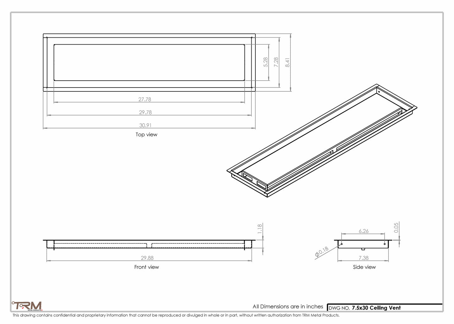 7.5x30 - Modern-Ceiling-Vent Cover-TRM Metal -  30x7.5