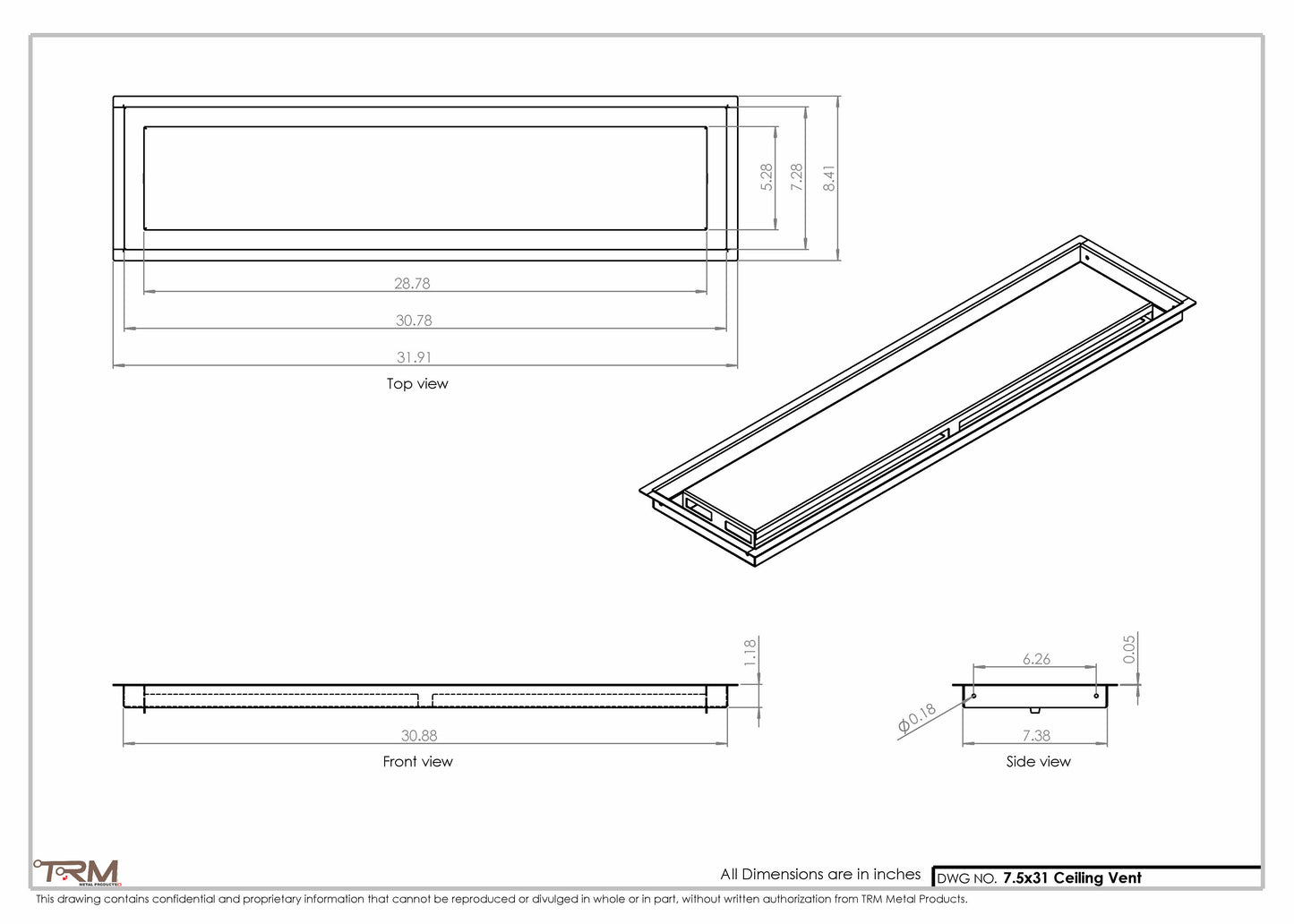 7.5x31 - Modern-Ceiling-Vent Cover-TRM Metal -  31x7.5