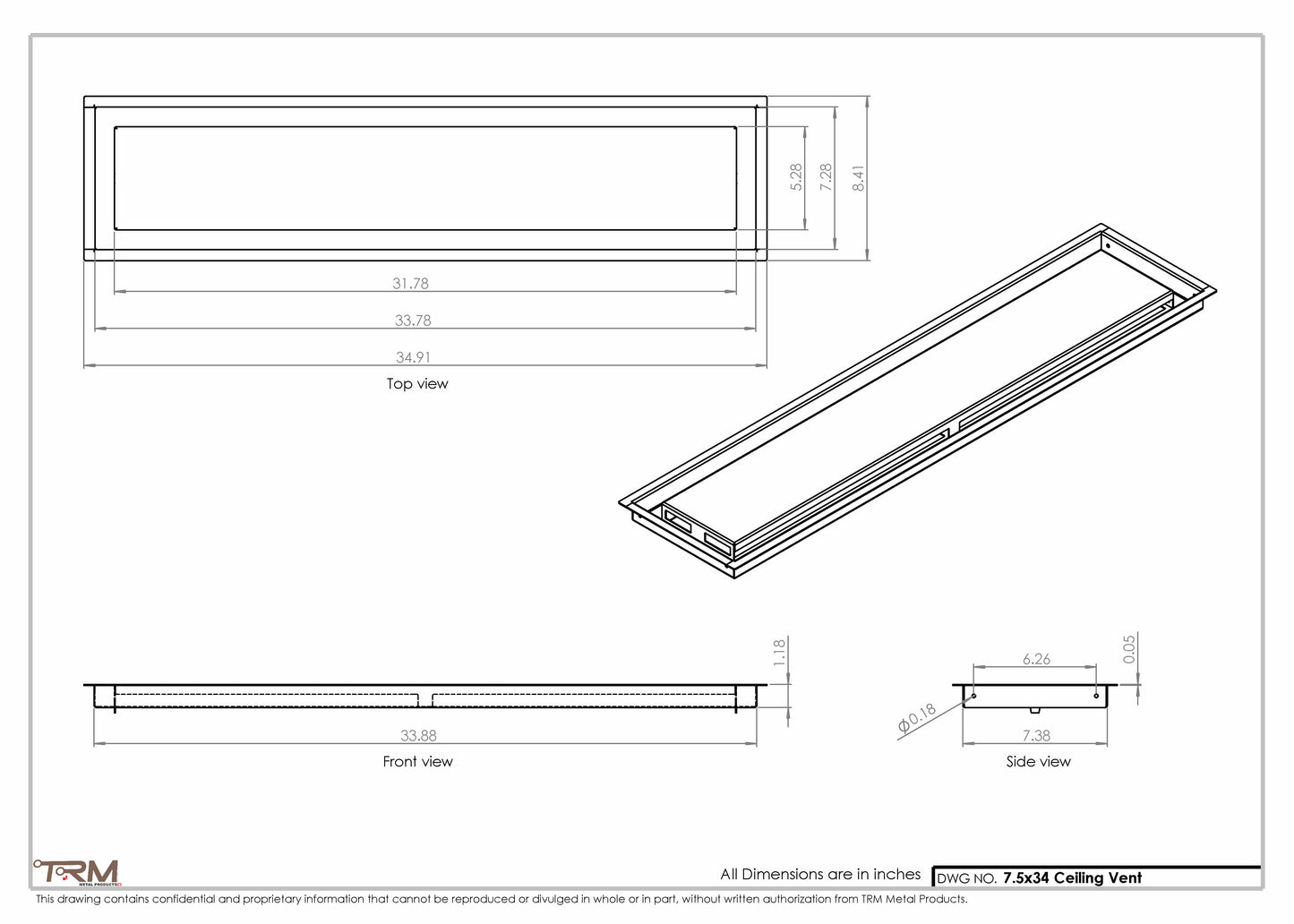 7.5x34 - Modern-Ceiling-Vent Cover-TRM Metal -  34x7.5