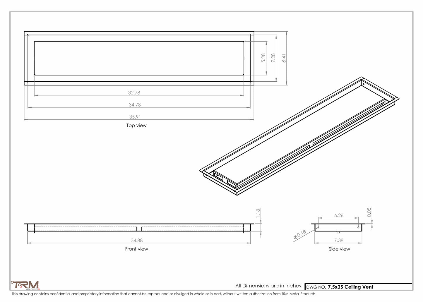 7.5x35 - Modern-Ceiling-Vent Cover-TRM Metal -  35x7.5