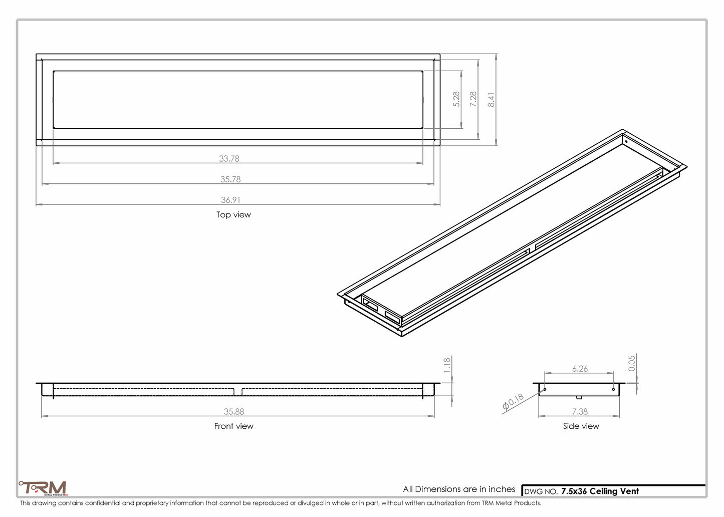 7.5x36 - Modern-Ceiling-Vent Cover-TRM Metal -  36x7.5