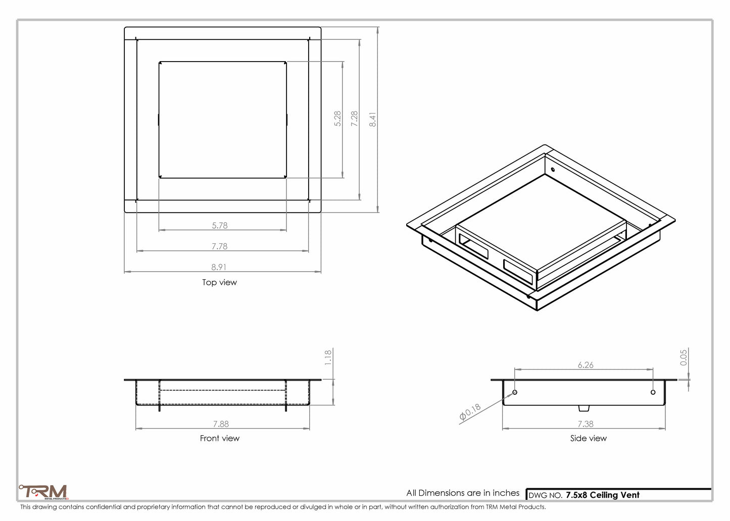 7.5x8 - Modern-Ceiling-Vent Cover-TRM Metal -  8x7.5