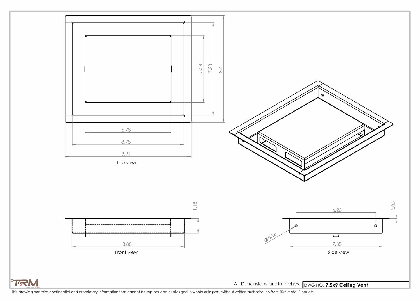 7.5x9 - Modern-Ceiling-Vent Cover-TRM Metal -  9x7.5