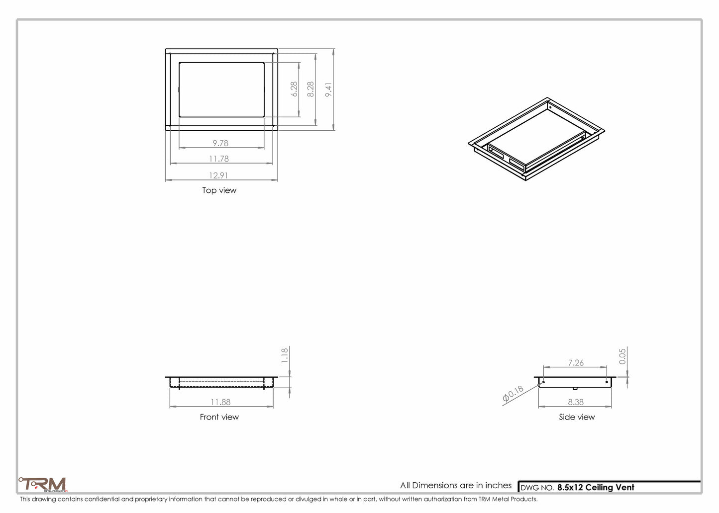 8.5x12 - Modern-Ceiling-Vent Cover-TRM Metal -  12x8.5