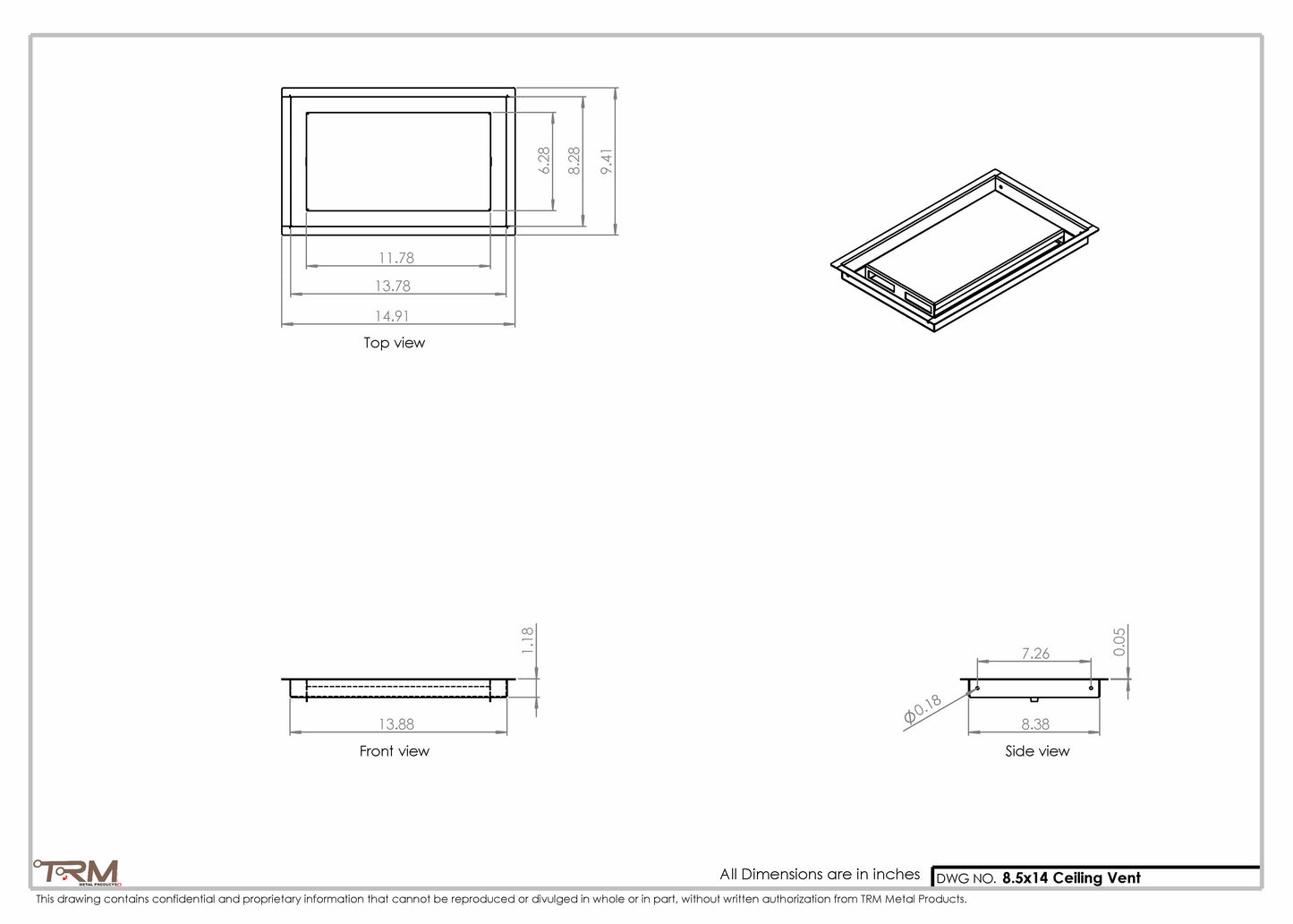8.5x14 - Modern-Ceiling-Vent Cover-TRM Metal -  14x8.5