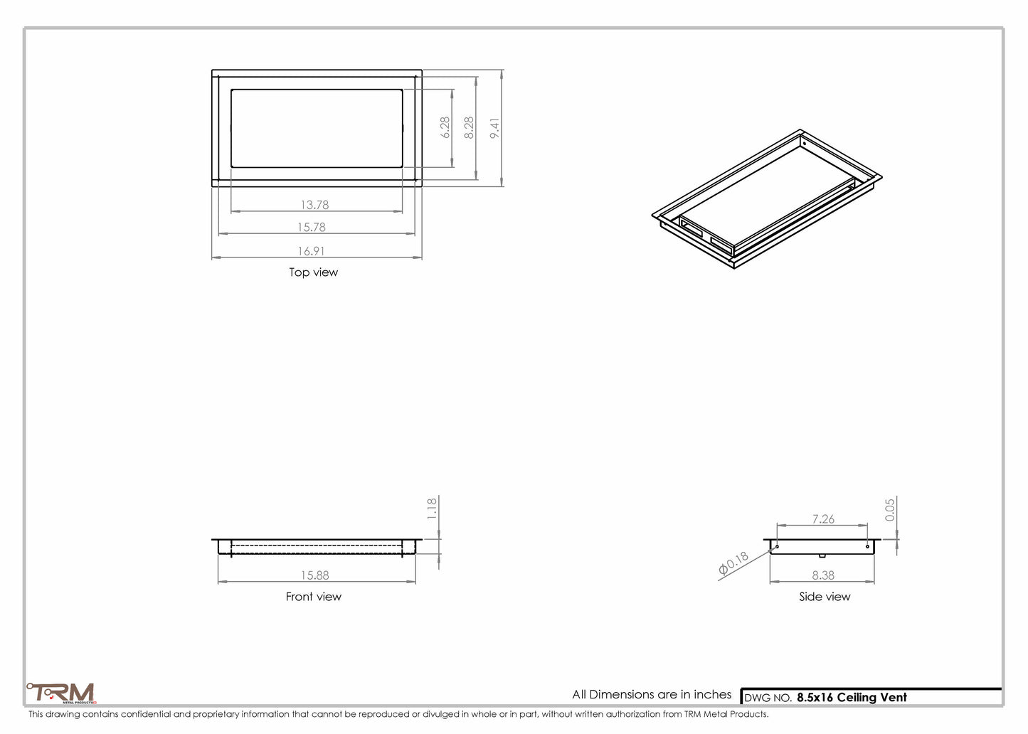 8.5x16 - Modern-Ceiling-Vent Cover-TRM Metal -  16x8.5