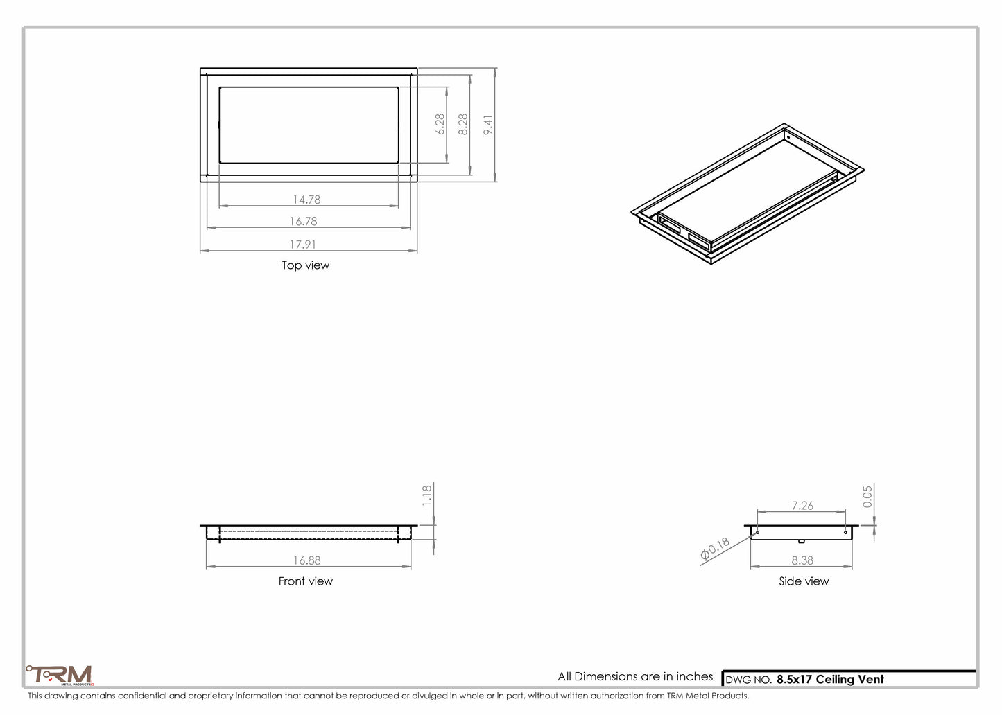 8.5x17 - Modern-Ceiling-Vent Cover-TRM Metal -  17x8.5