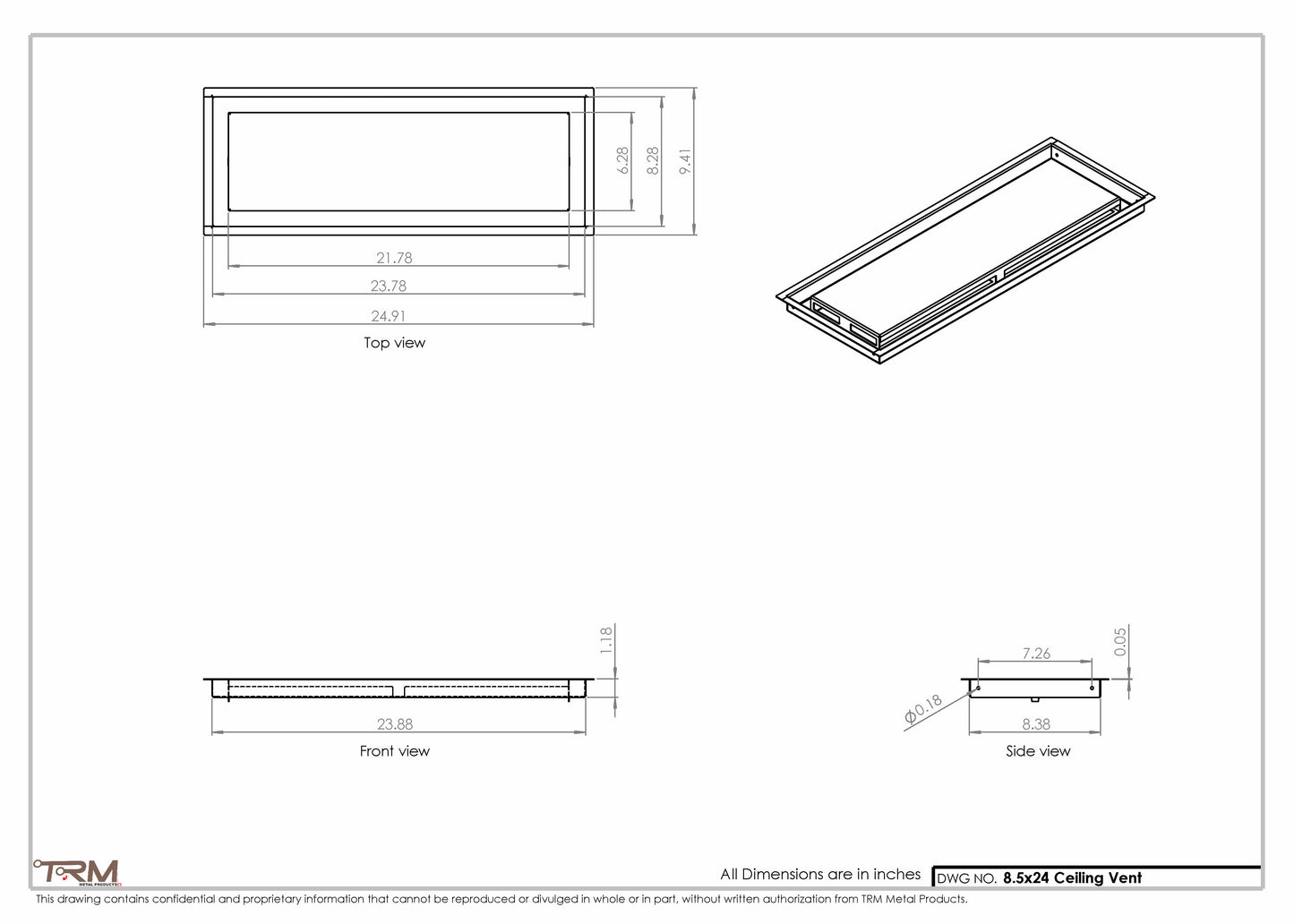 8.5x24 - Modern-Ceiling-Vent Cover-TRM Metal -  24x8.5