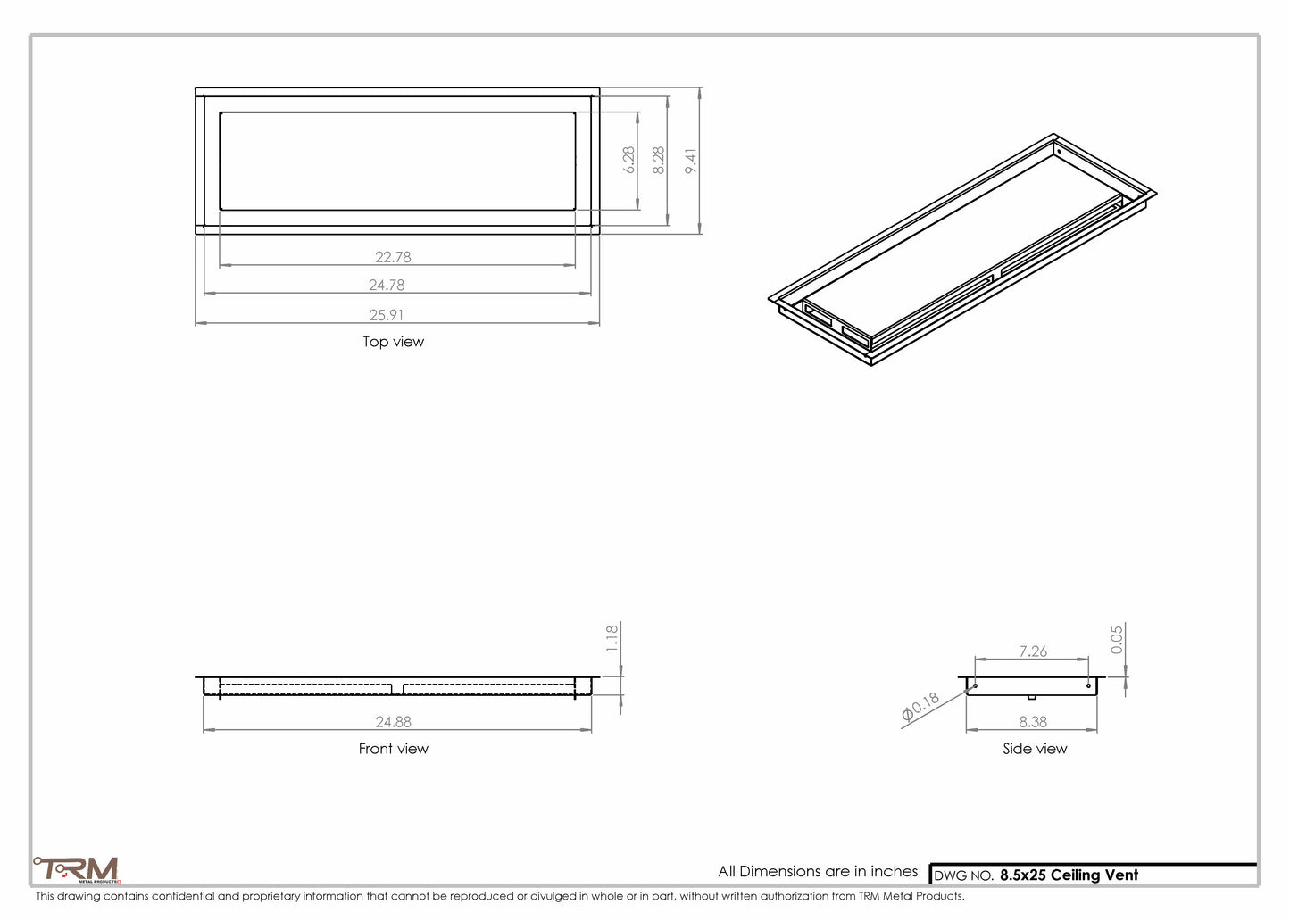 8.5x25 - Modern-Ceiling-Vent Cover-TRM Metal -  25x8.5