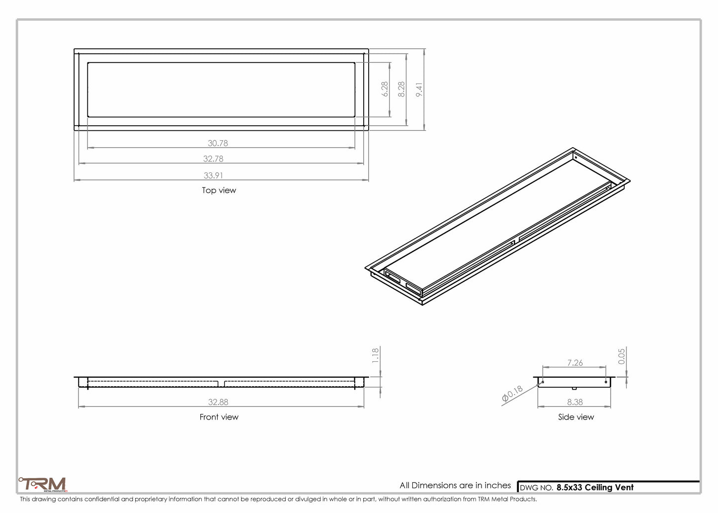 8.5x33 - Modern-Ceiling-Vent Cover-TRM Metal -  33x8.5