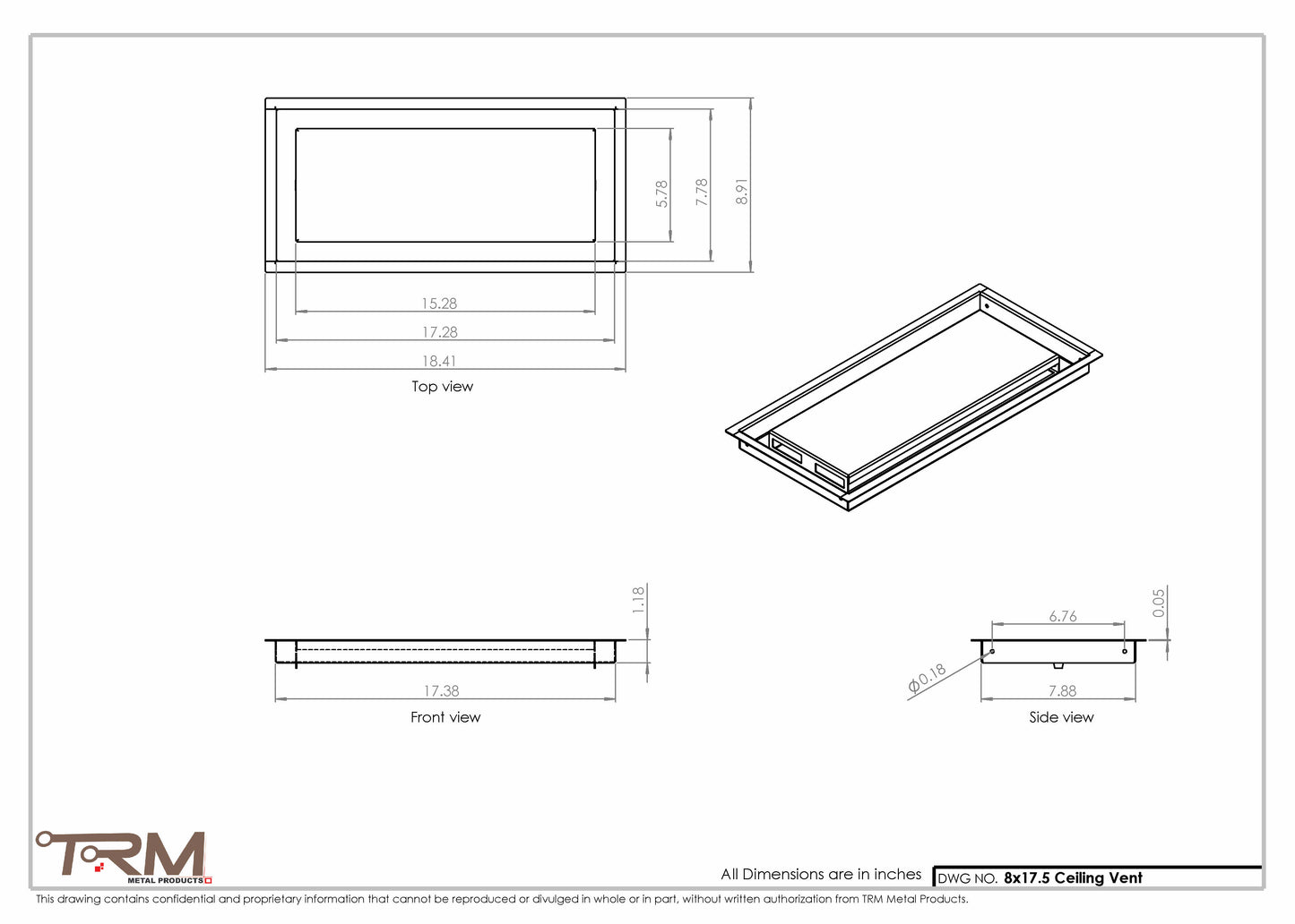 8x17.5 - Modern-Ceiling-Vent Cover-TRM Metal -  17.5x8