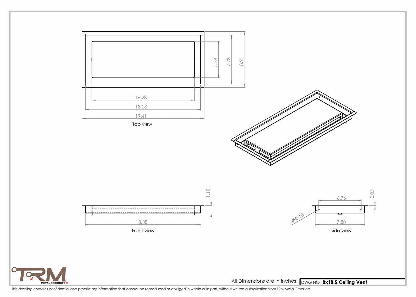 8x18.5 - Modern-Ceiling-Vent Cover-TRM Metal -  18.5x8
