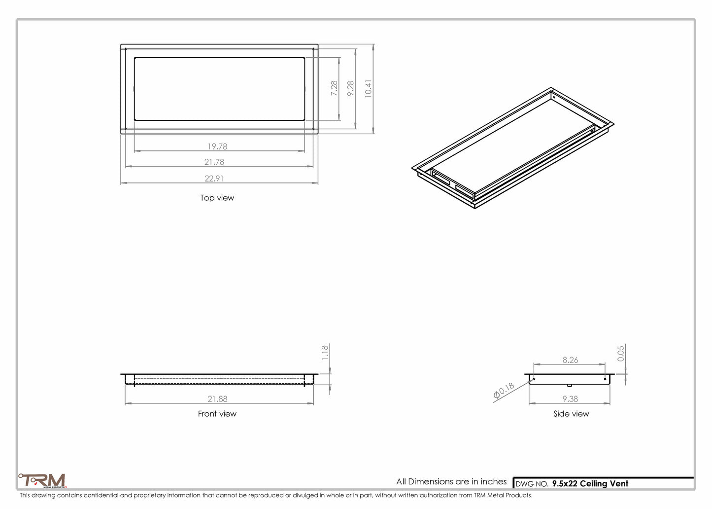 9.5x22 - Modern-Ceiling-Vent Cover-TRM Metal -  22x9.5
