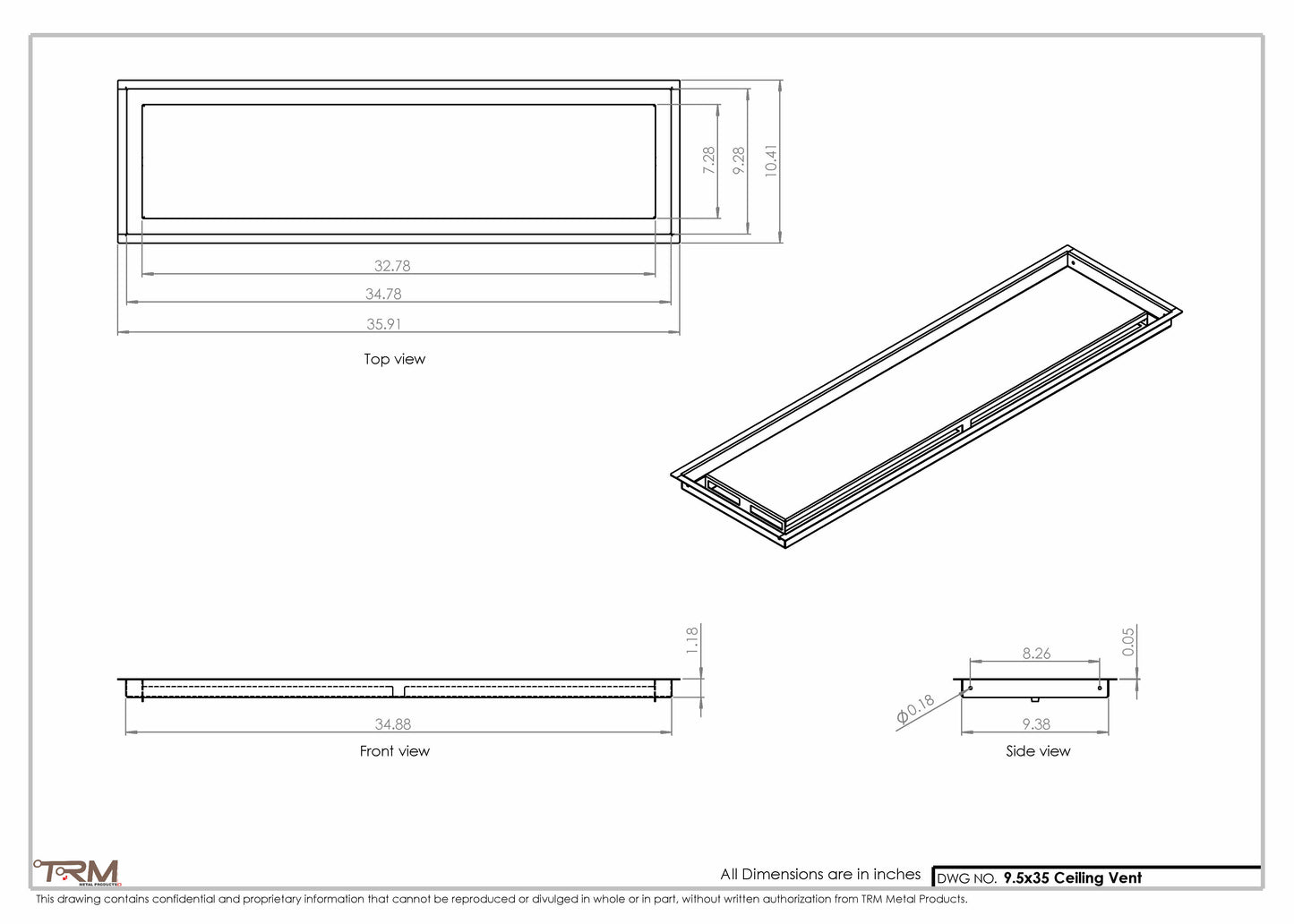 9.5x35 - Modern-Ceiling-Vent Cover-TRM Metal -  35x9.5