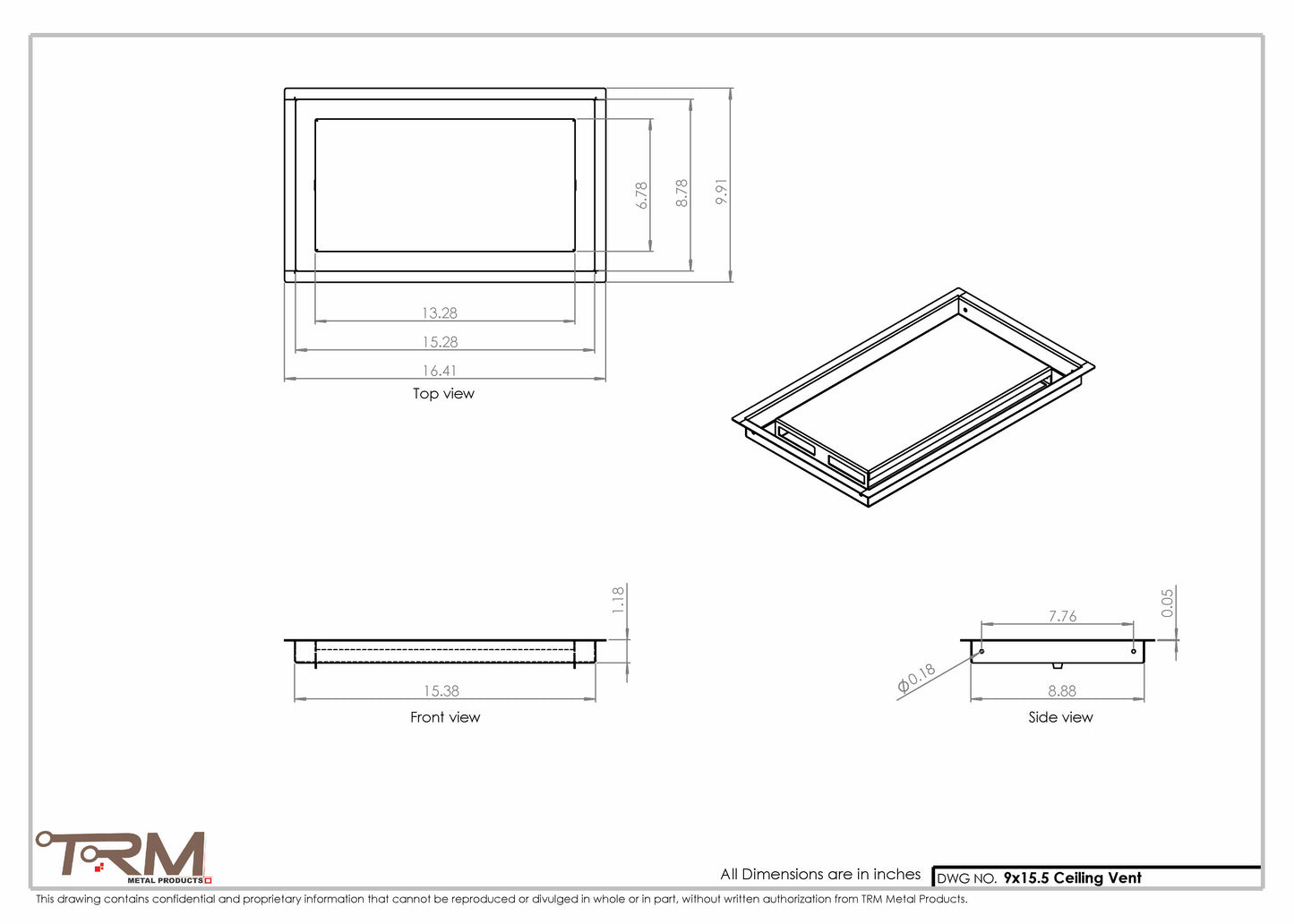 9x15.5 - Modern-Ceiling-Vent Cover-TRM Metal -  15.5x9