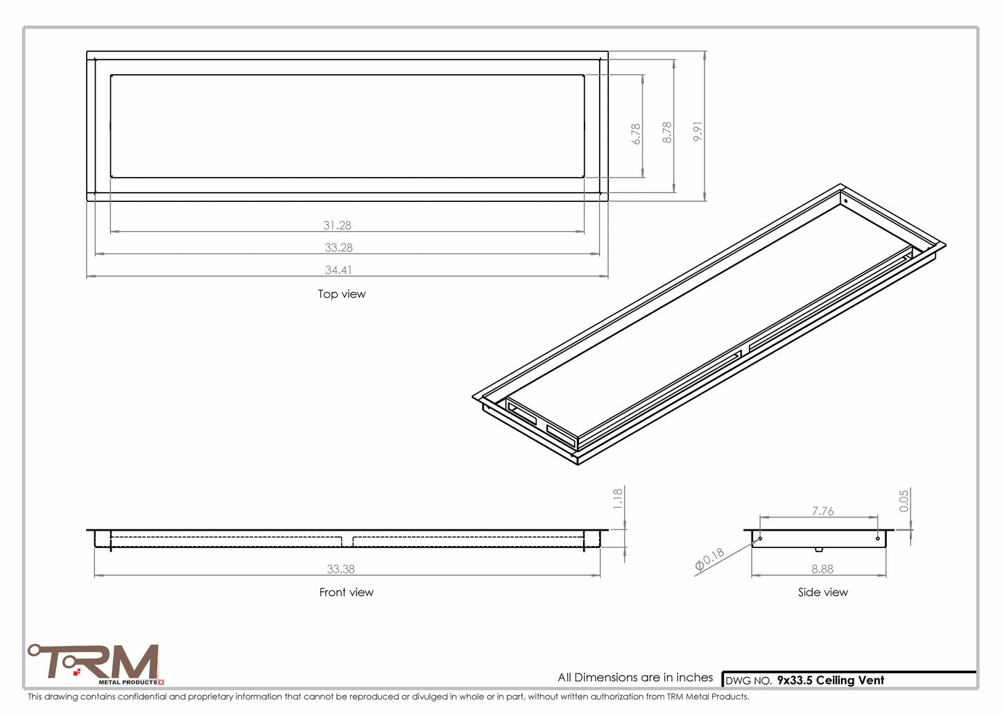 9x33.5 - Modern-Ceiling-Vent Cover-TRM Metal -  33.5x9