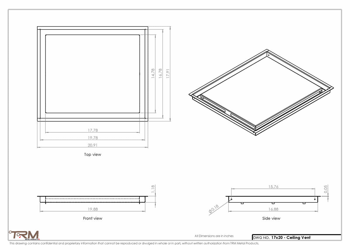 17x20 ceiling vent cover, dimensions drawing