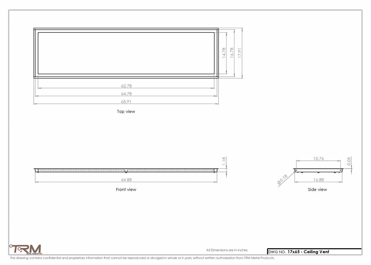 17x65 ceiling vent cover, dimensions drawing