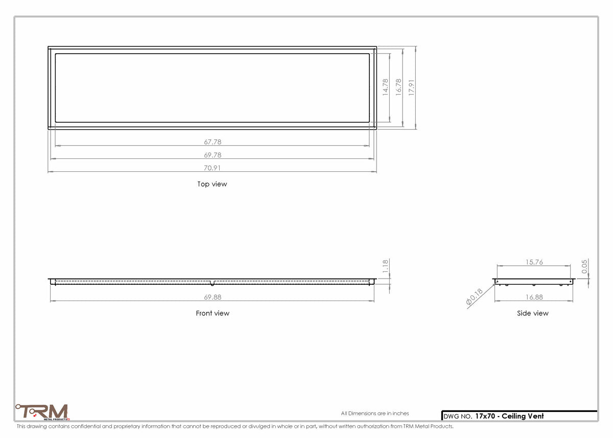 17x70 ceiling vent cover, dimensions drawing