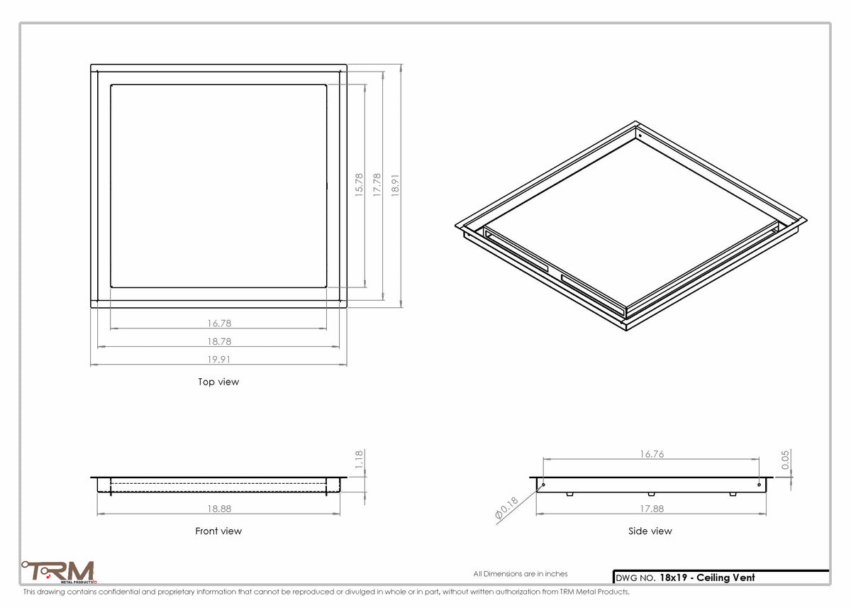 18x19 ceiling vent cover, dimensions drawing