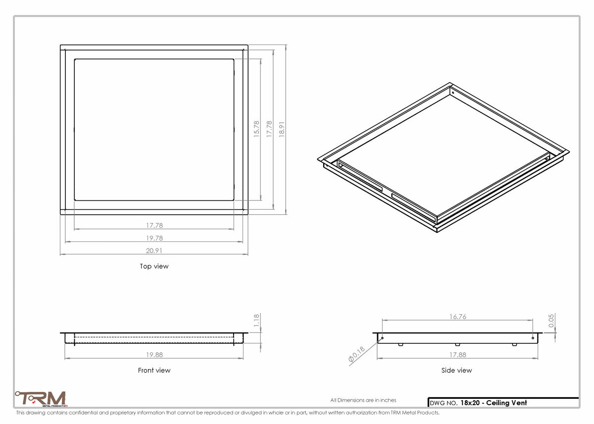 18x20 ceiling vent cover, dimensions drawing