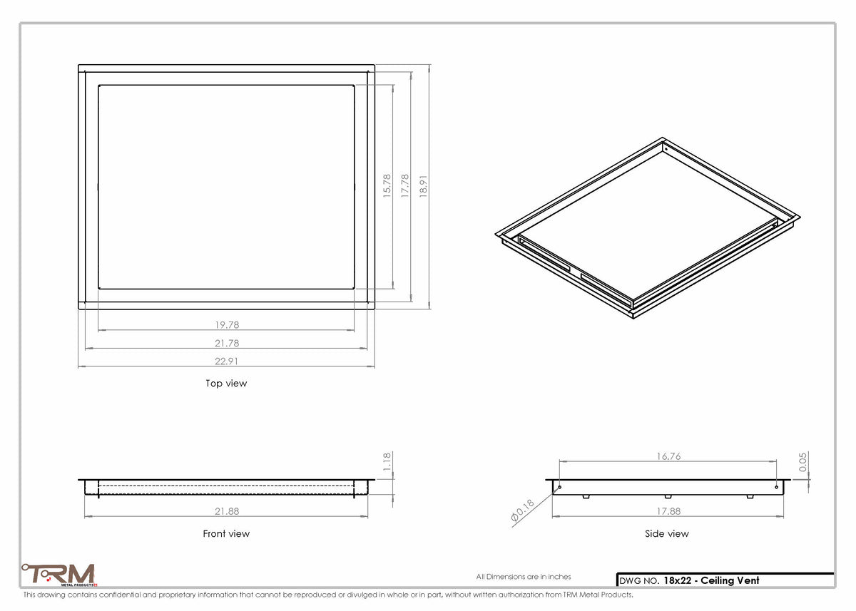 18x22 ceiling vent cover, dimensions drawing