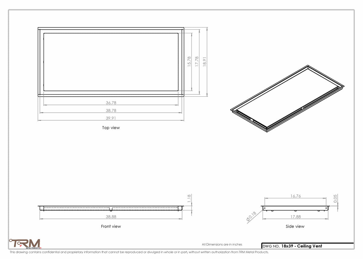 18x39 ceiling vent cover, dimensions drawing