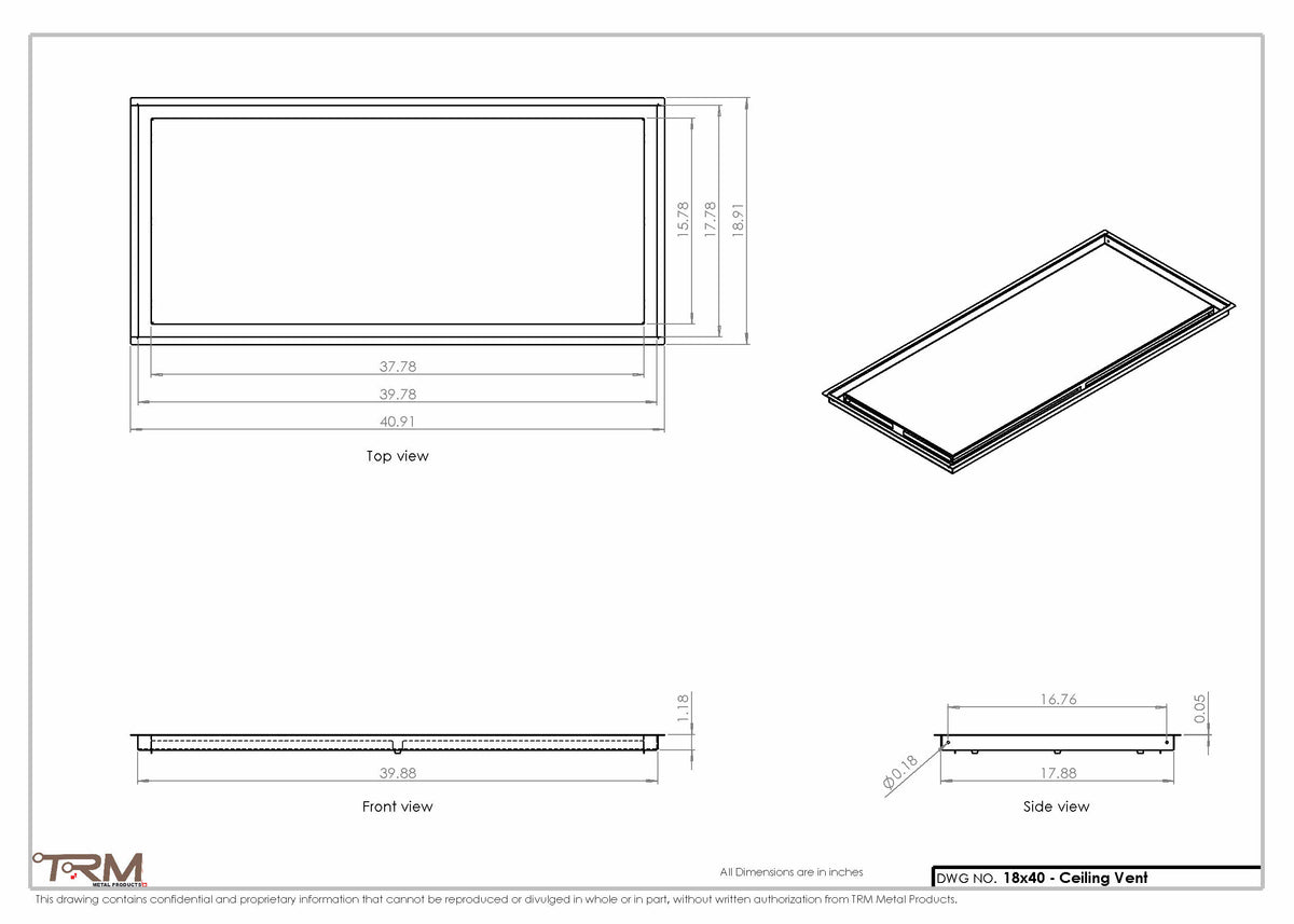 18x40 ceiling vent cover, dimensions drawing