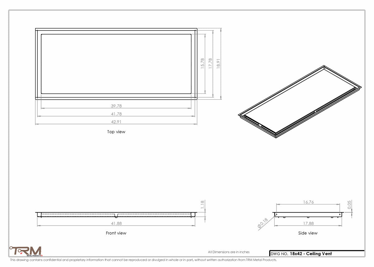 18x42 ceiling vent cover, dimensions drawing