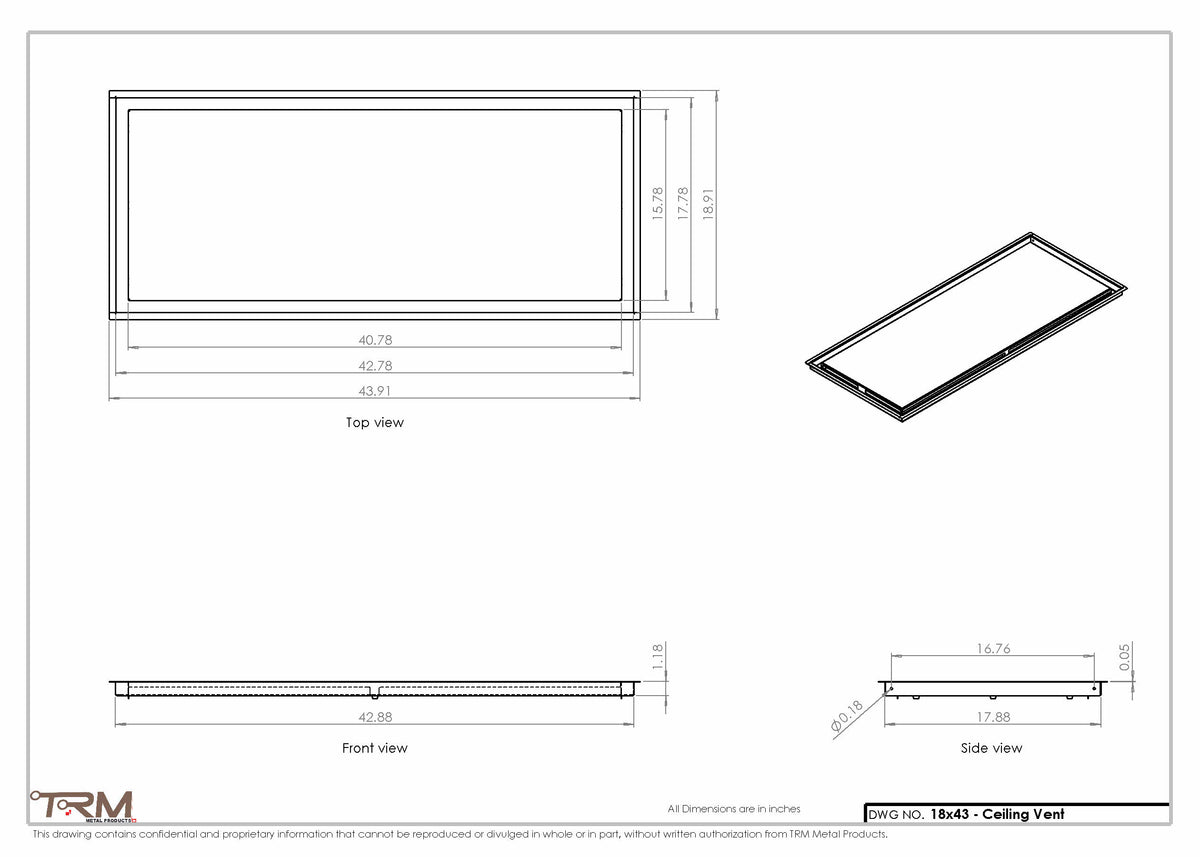 18x43 ceiling vent cover, dimensions drawing