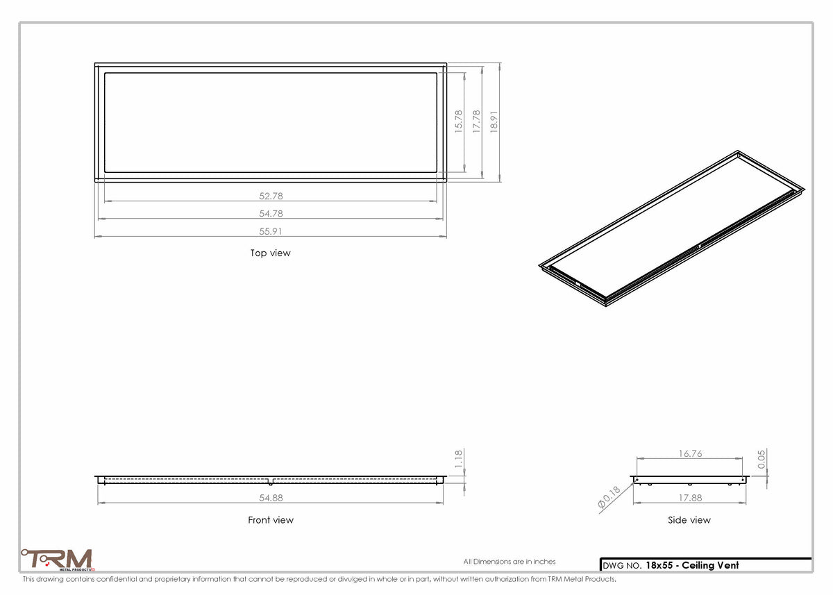 18x55 ceiling vent cover, dimensions drawing