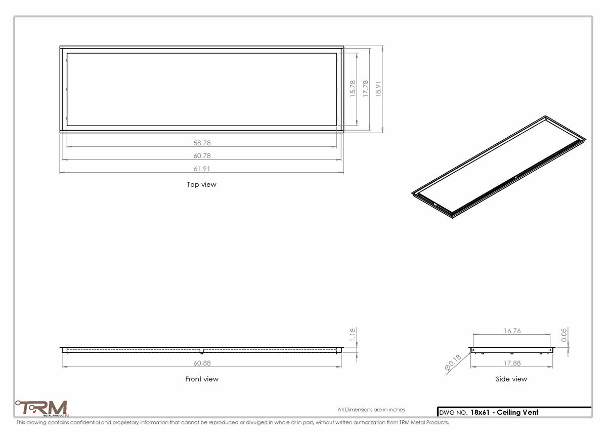 18x61 ceiling vent cover, dimensions drawing