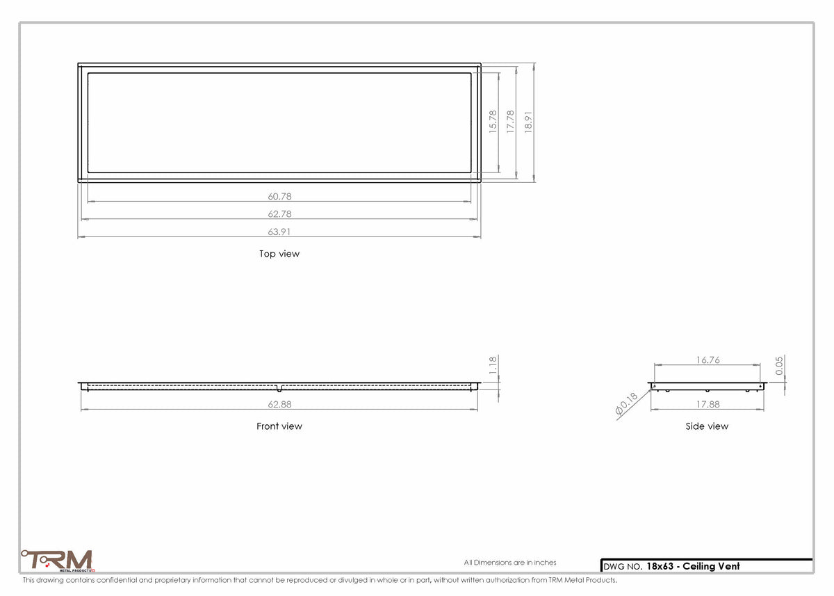 18x63 ceiling vent cover, dimensions drawing