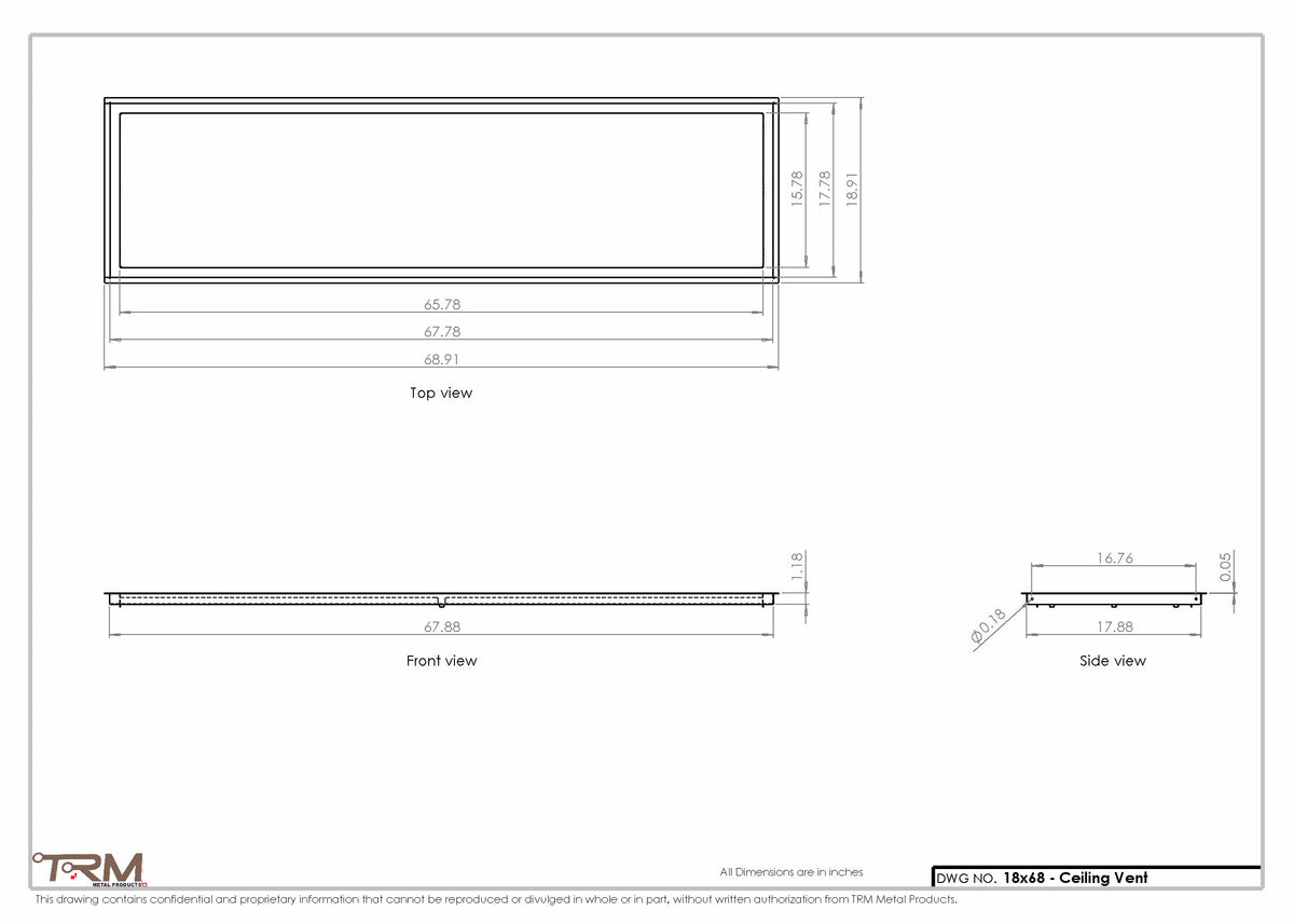 18x68 ceiling vent cover, dimensions drawing