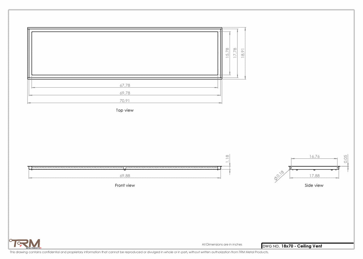 18x70 ceiling vent cover, dimensions drawing