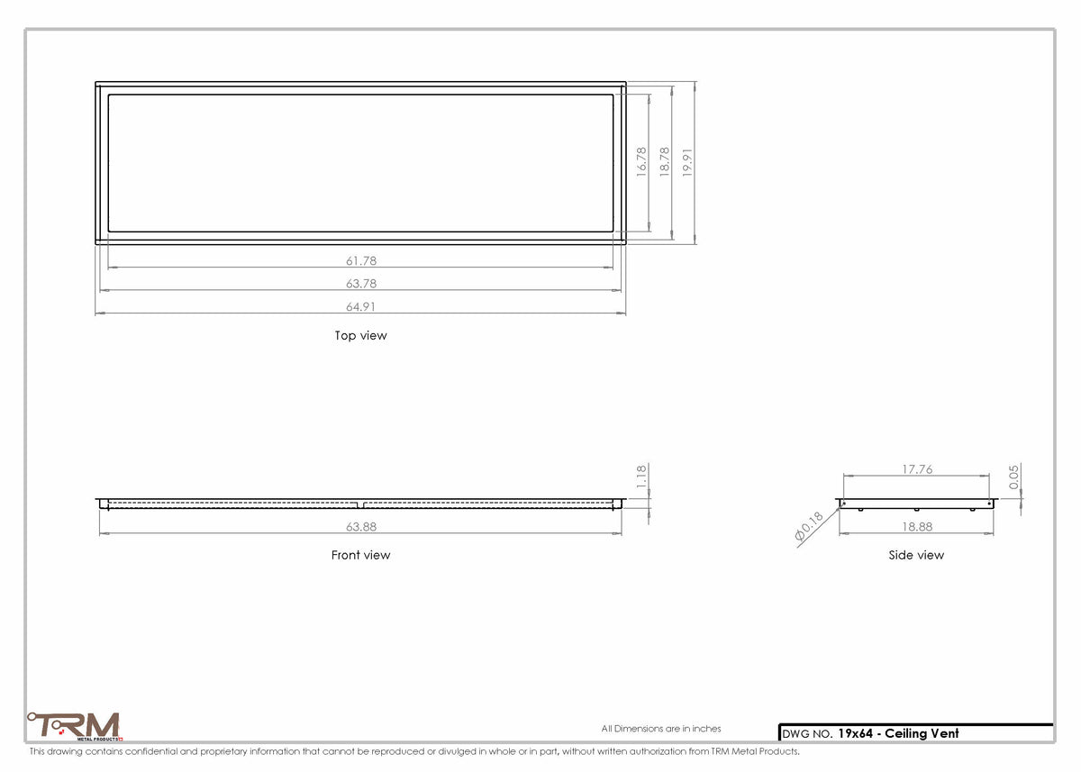 19x64 ceiling vent cover, dimensions drawing