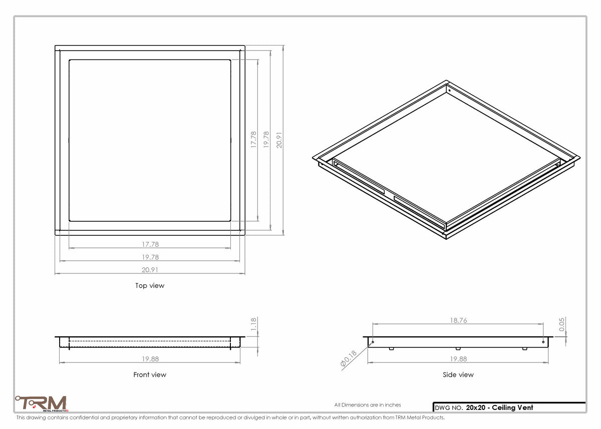 20x20 ceiling vent cover, dimensions drawing
