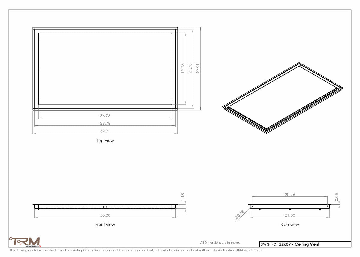 22x39 ceiling vent cover, dimensions drawing
