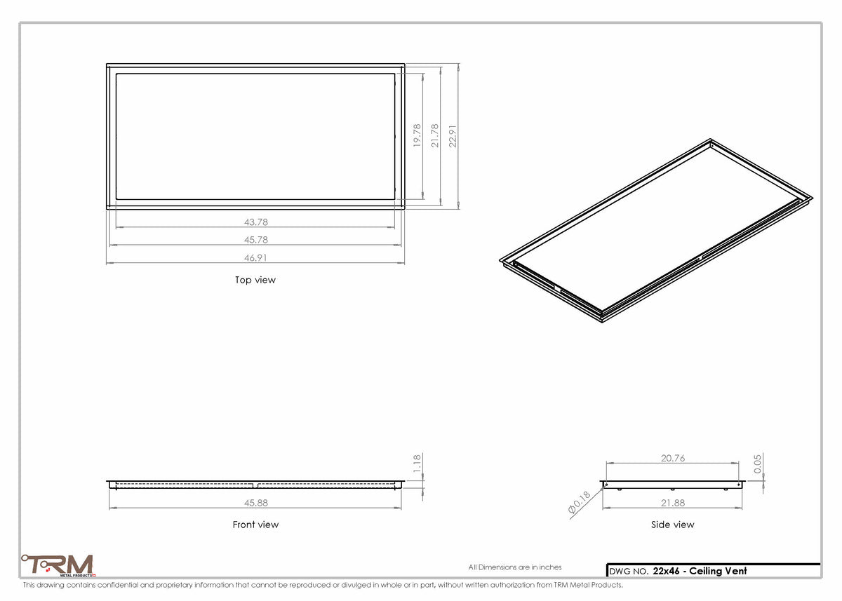 22x46 ceiling vent cover, dimensions drawing